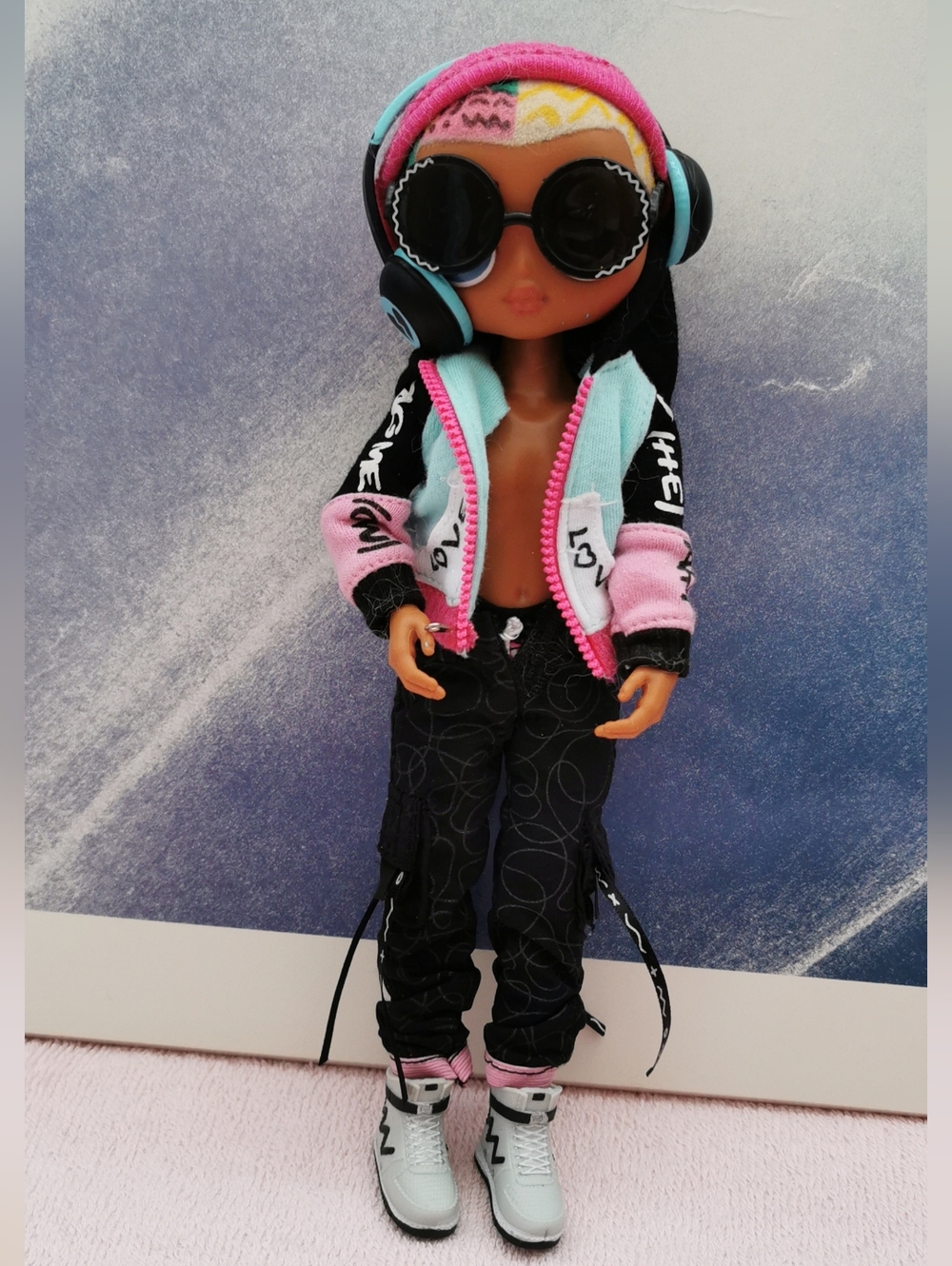Fashion Doll Hoodie & Cargo Pants Set in Pink, Aqua & Black